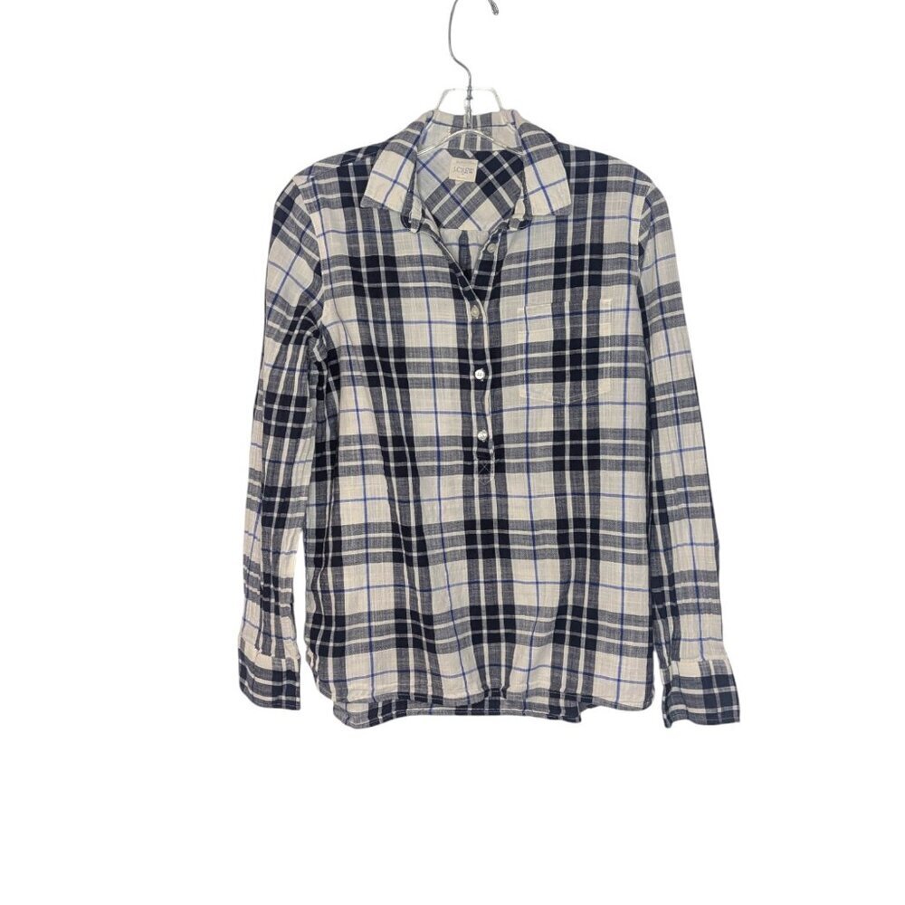 J. Crew Navy Checked Long Sleeve Cotton Henley SZ - S *See Description*